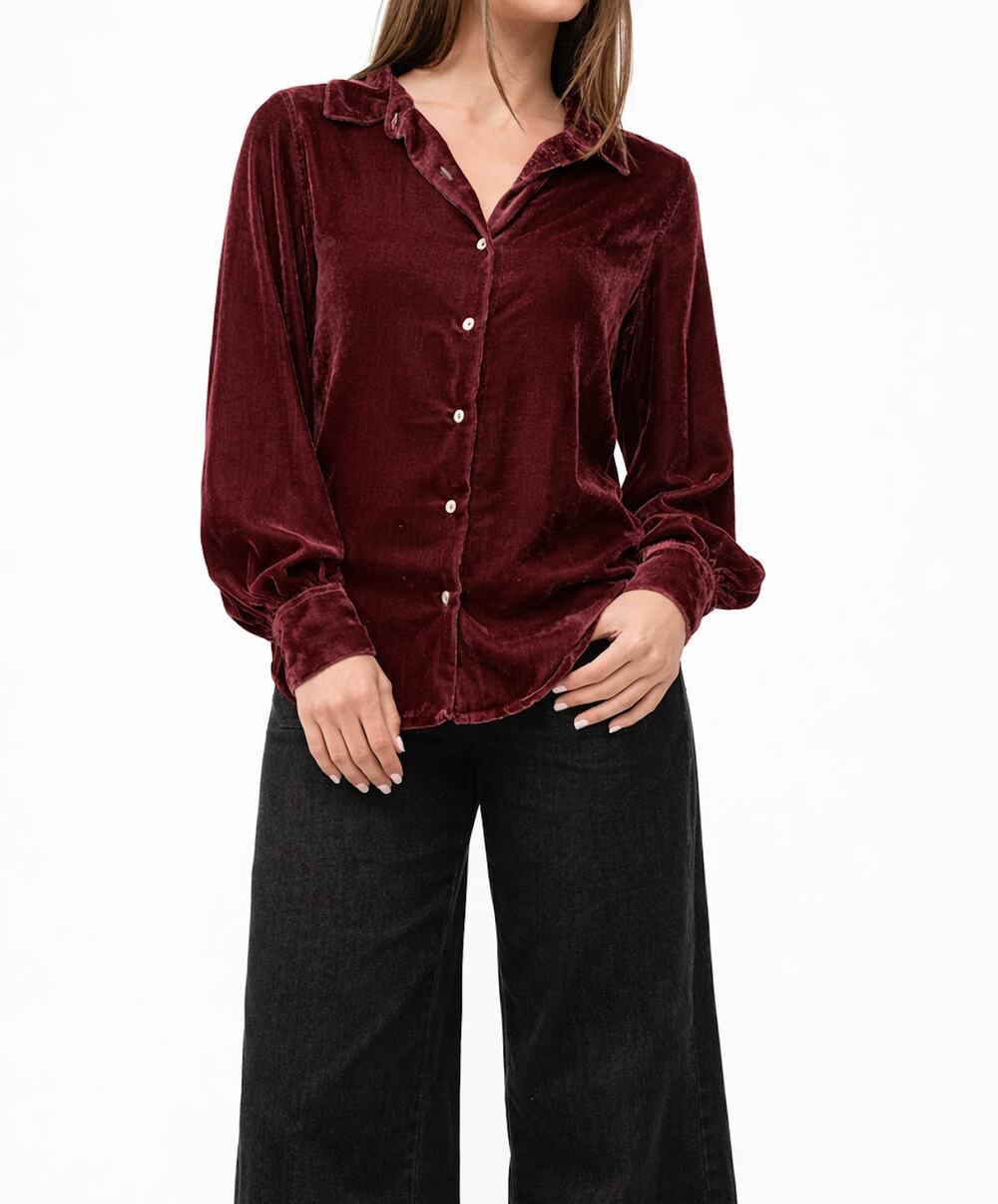 Dear John Mirabelle Velvet Button Up Long Sleeve Shirt Blouse Maroon Medium